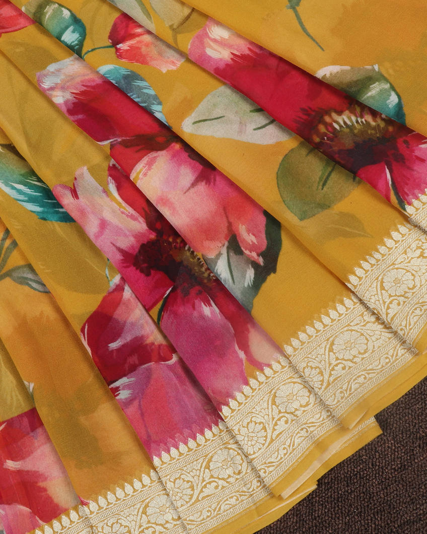 Yellow Banaras Georgette Silk Saree T3985622