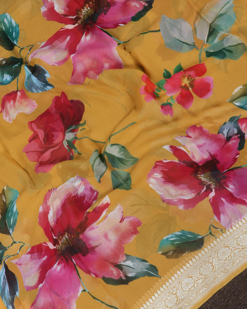 Yellow Banaras Georgette Silk Saree T3985624