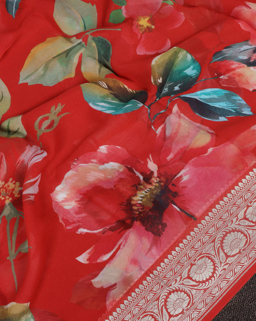 Red Banaras Georgette Silk Saree T3985644