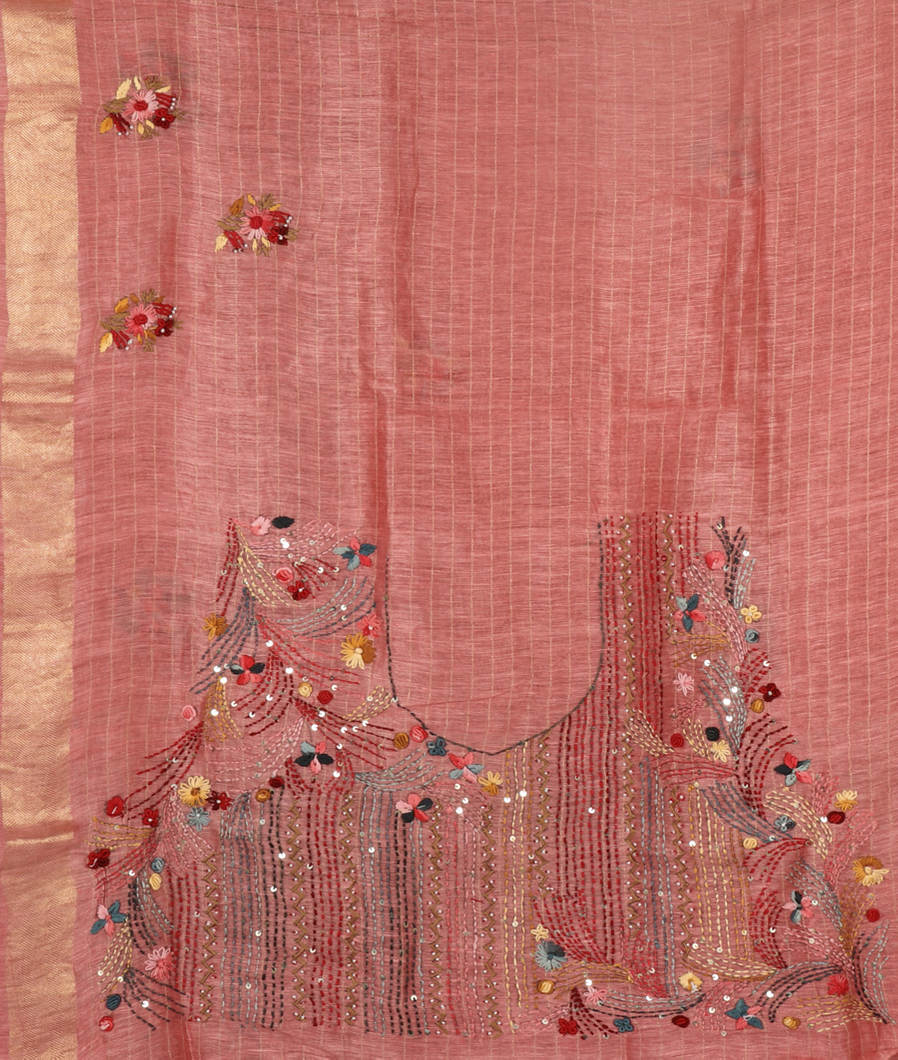 Buy Pink Linen Embroidery Saree T379121