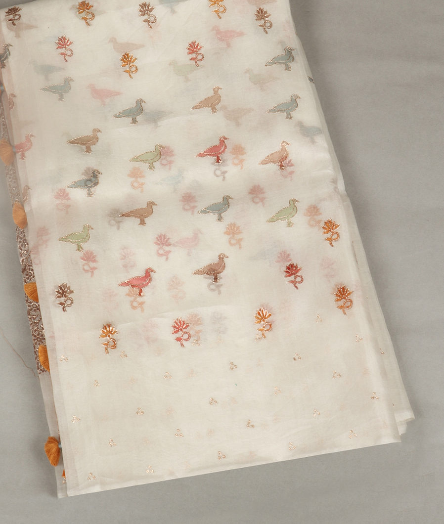 Off-White Kora Organza Embroidery Saree T400305-image