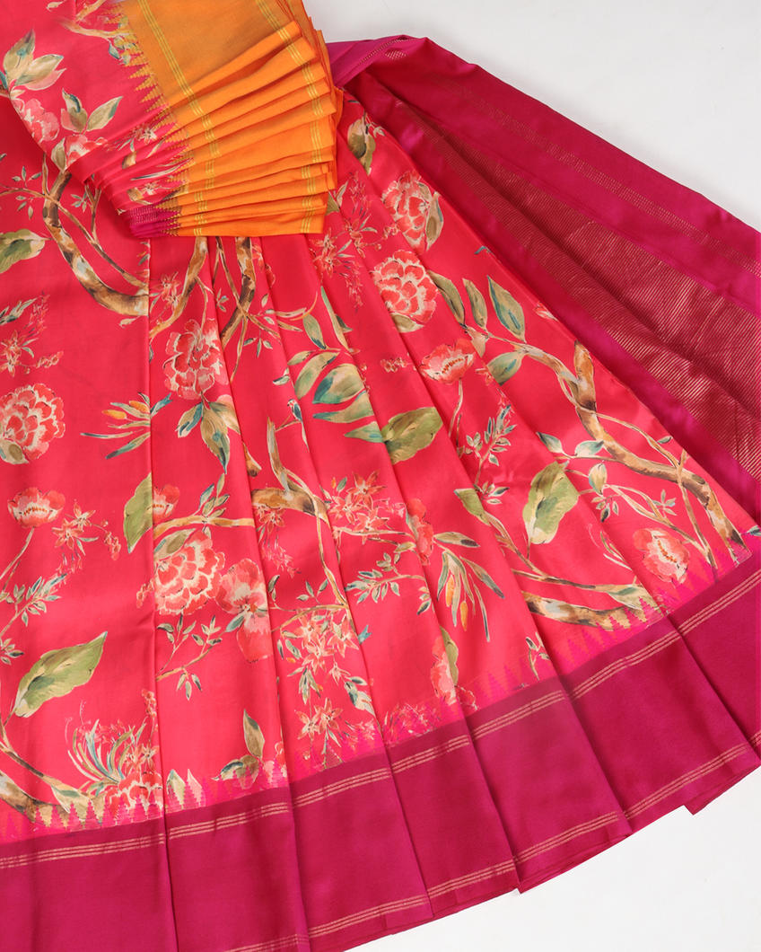 Coral Pink Printed Soft Silk Saree T406552-image