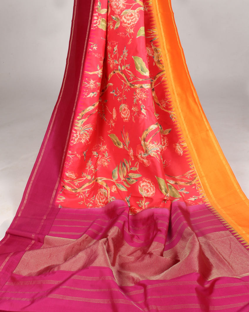Coral Pink Printed Soft Silk Saree T4065522