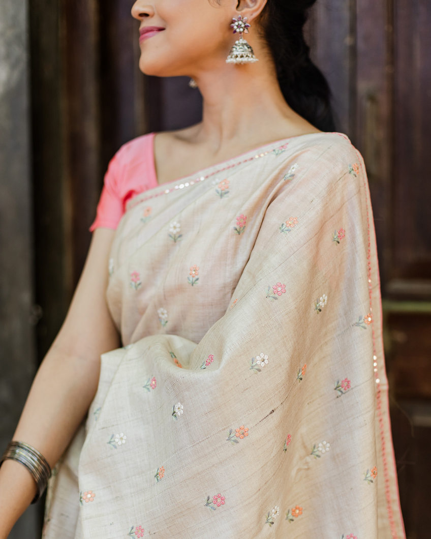 Beige Tussar Embroidery Saree T3859084