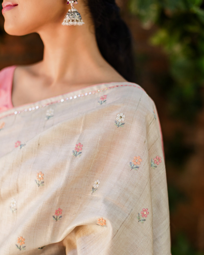 Beige Tussar Embroidery Saree T3859085