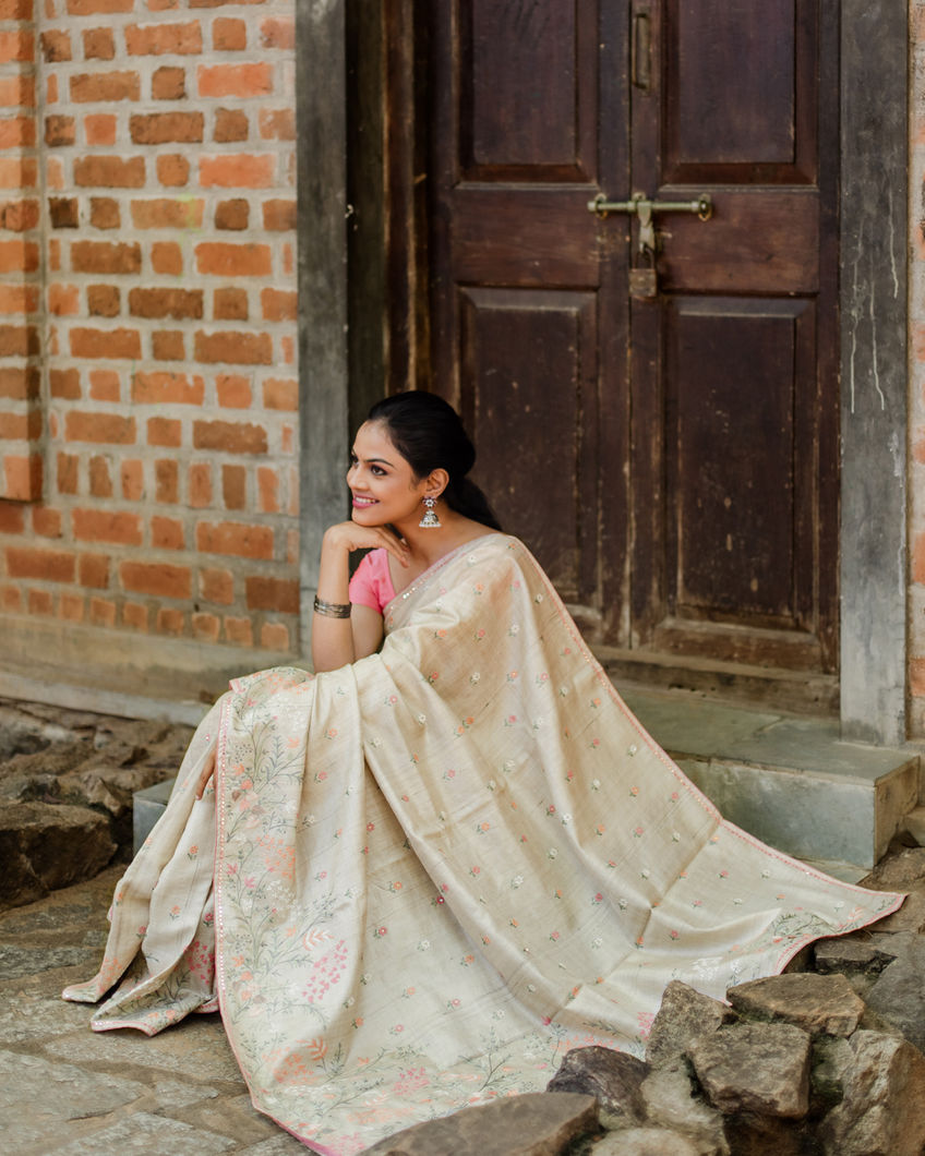 Beige Tussar Embroidery Saree T3859087