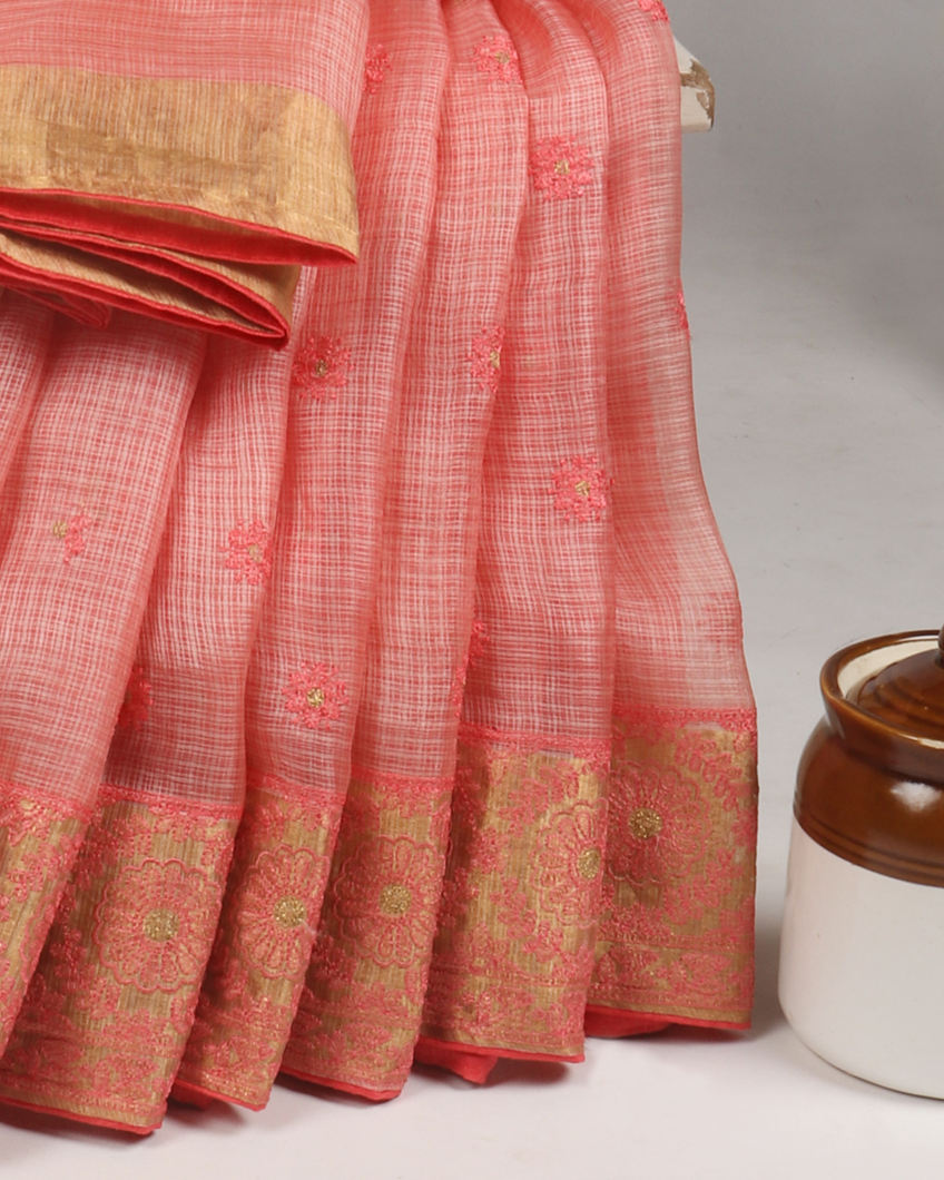Peach Silk Kota Embroidery Saree T399410-image