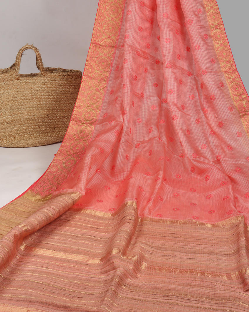 Peach Silk Kota Embroidery Saree T3994102