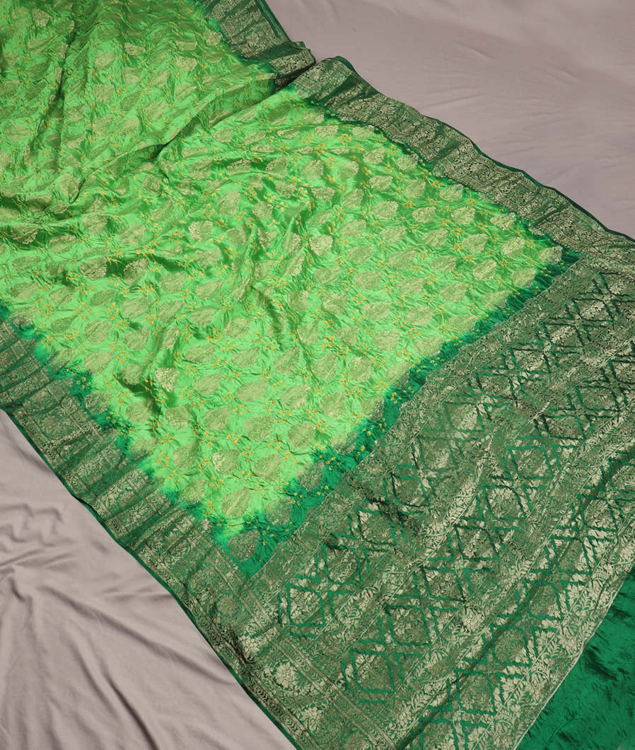 Green Bandhani Chaniya Silk Saree T3778882