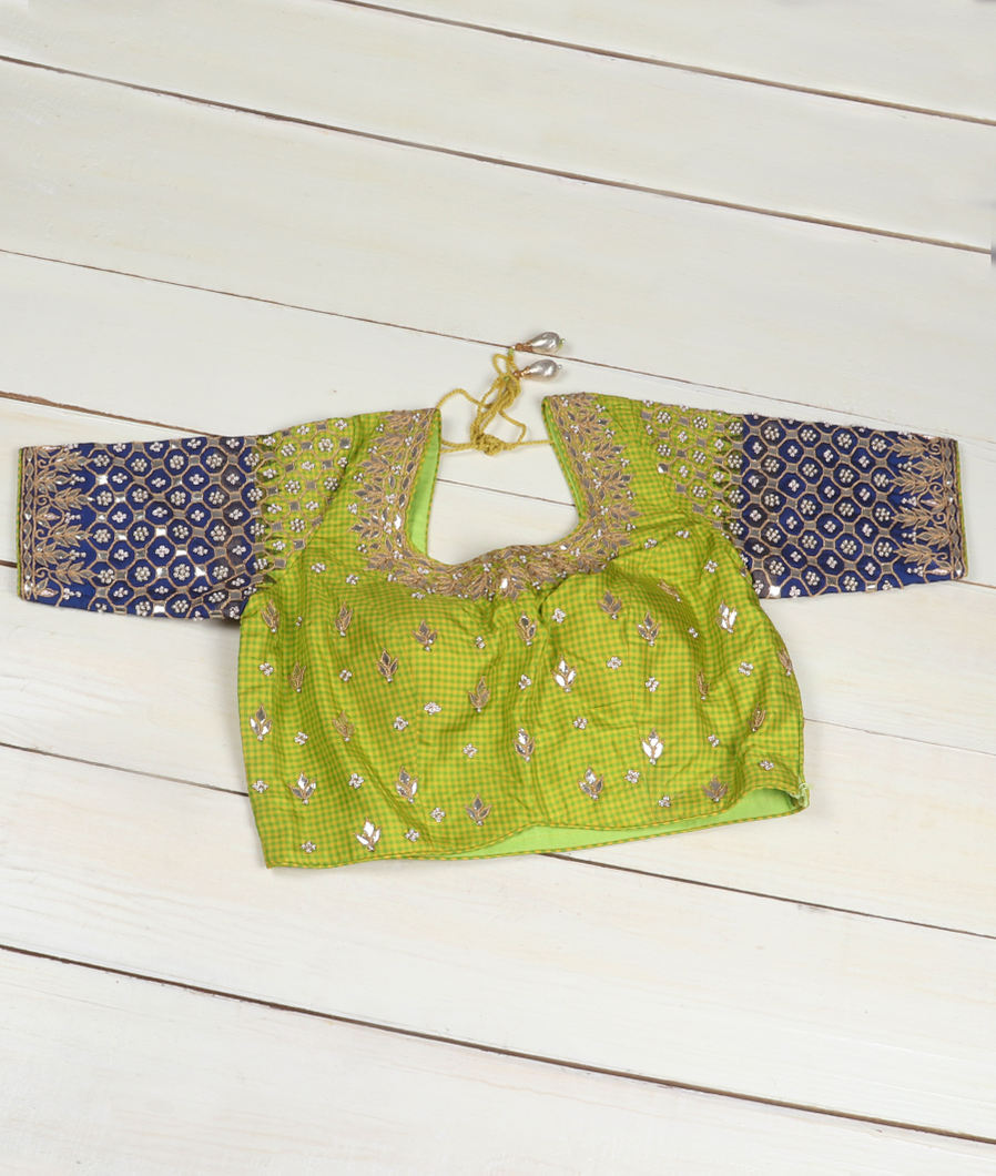 Green And Yellow Handwoven Kanjivaram Silk Embroidery Blouse T376753-image