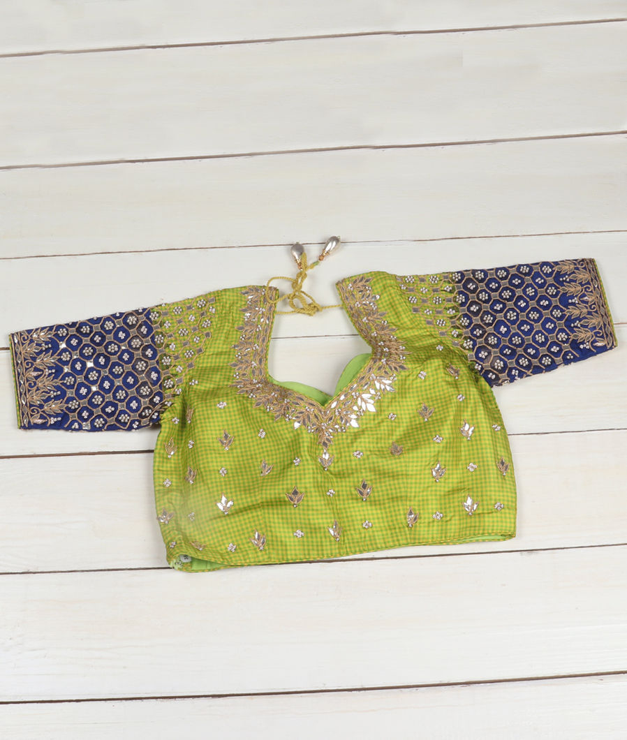 Green And Yellow Handwoven Kanjivaram Silk Embroidery Blouse T3767532
