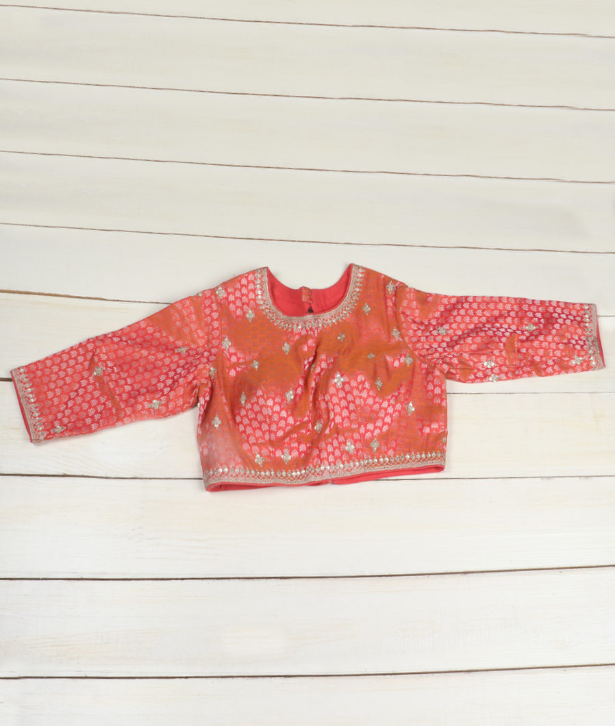 Orangish Pink Handwoven Kanjivaram Silk Embroidery Blouse T70092-image