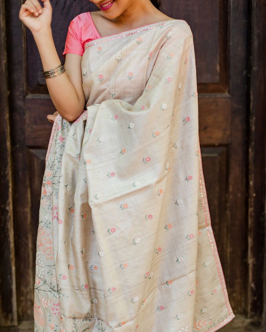 Beige Tussar Embroidery Saree T3859088