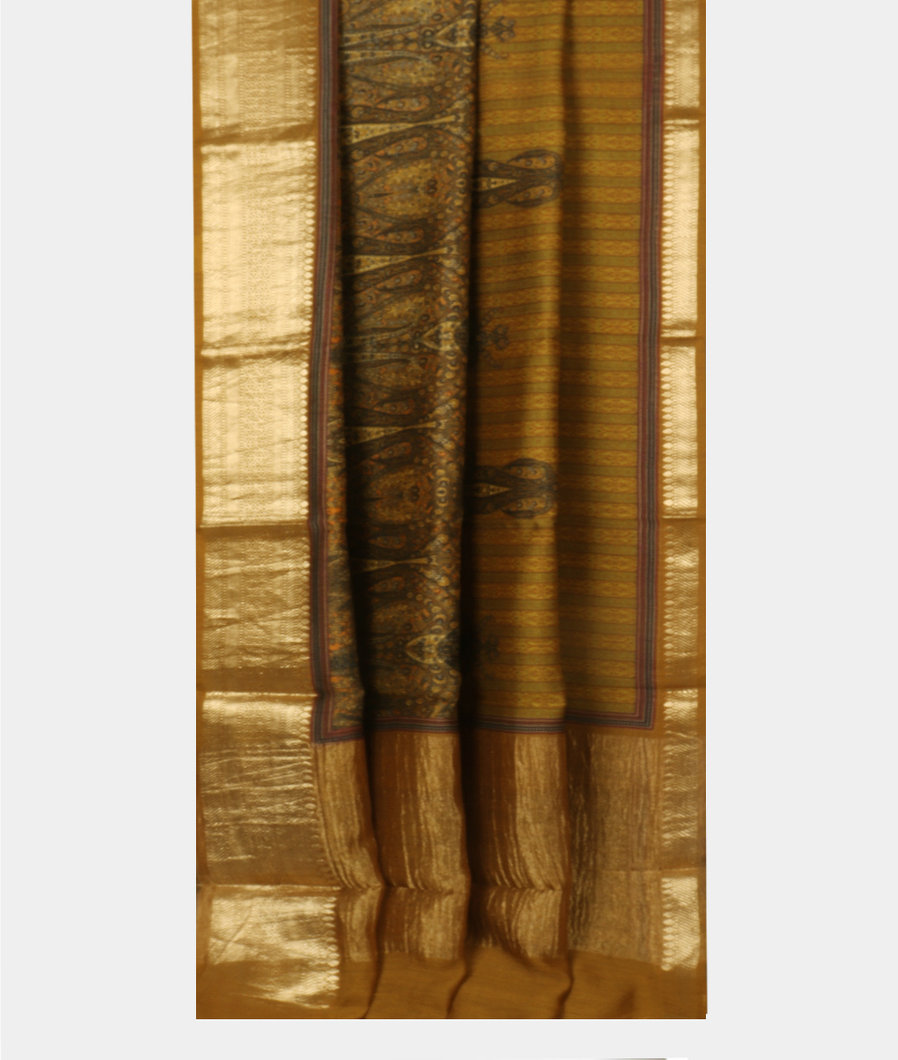 Yellow And Green Tussar Printed Saree T2985872