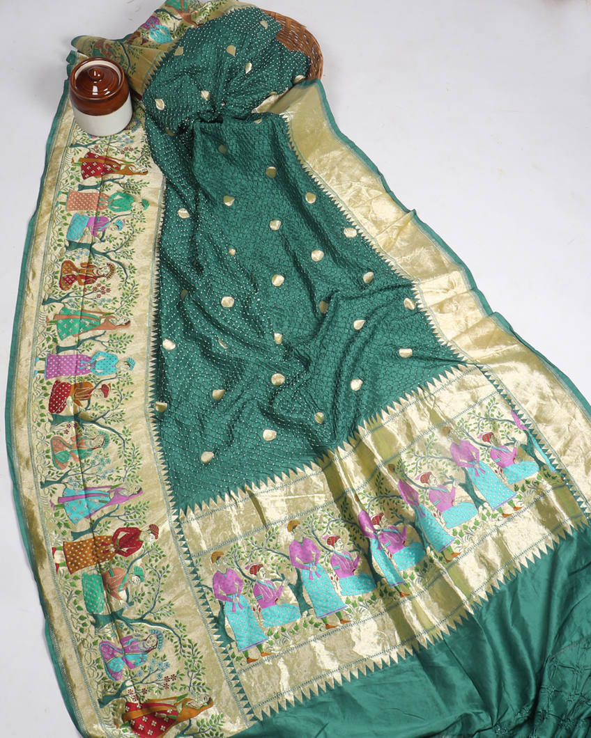Greenish Blue Bandhani Silk Saree With Paithani Border and Pallu T394966-image