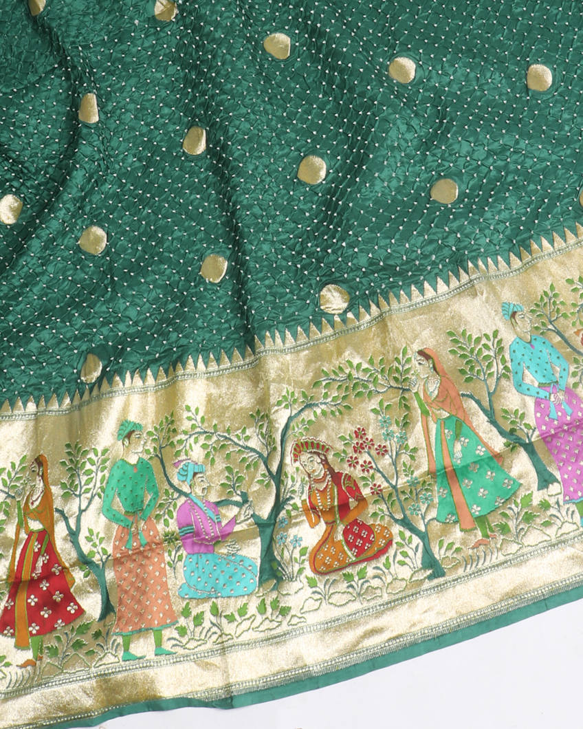 Greenish Blue Bandhani Silk Saree With Paithani Border and Pallu T3949662