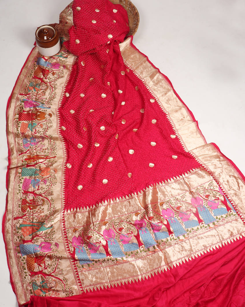 Magenta Bandhani Silk Saree With Paithani Border and Pallu T394965-image