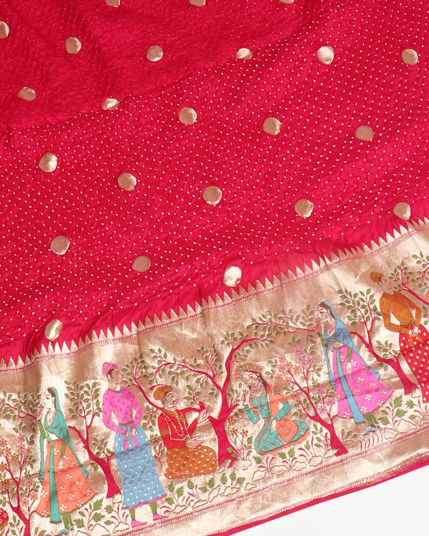 Magenta Bandhani Silk Saree With Paithani Border and Pallu T3949652