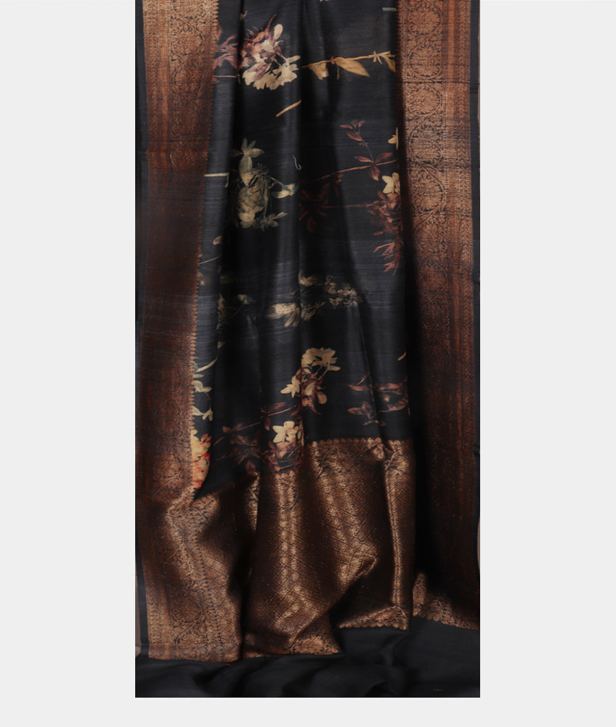 Dark Grey Printed Banaras Tussar Georgette Saree T3812792
