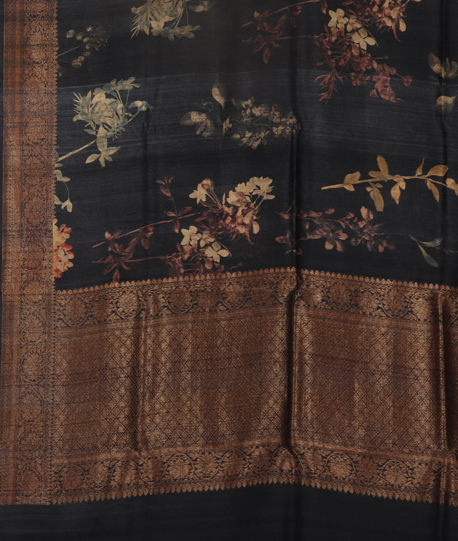 Dark Grey Printed Banaras Tussar Georgette Saree T3812794