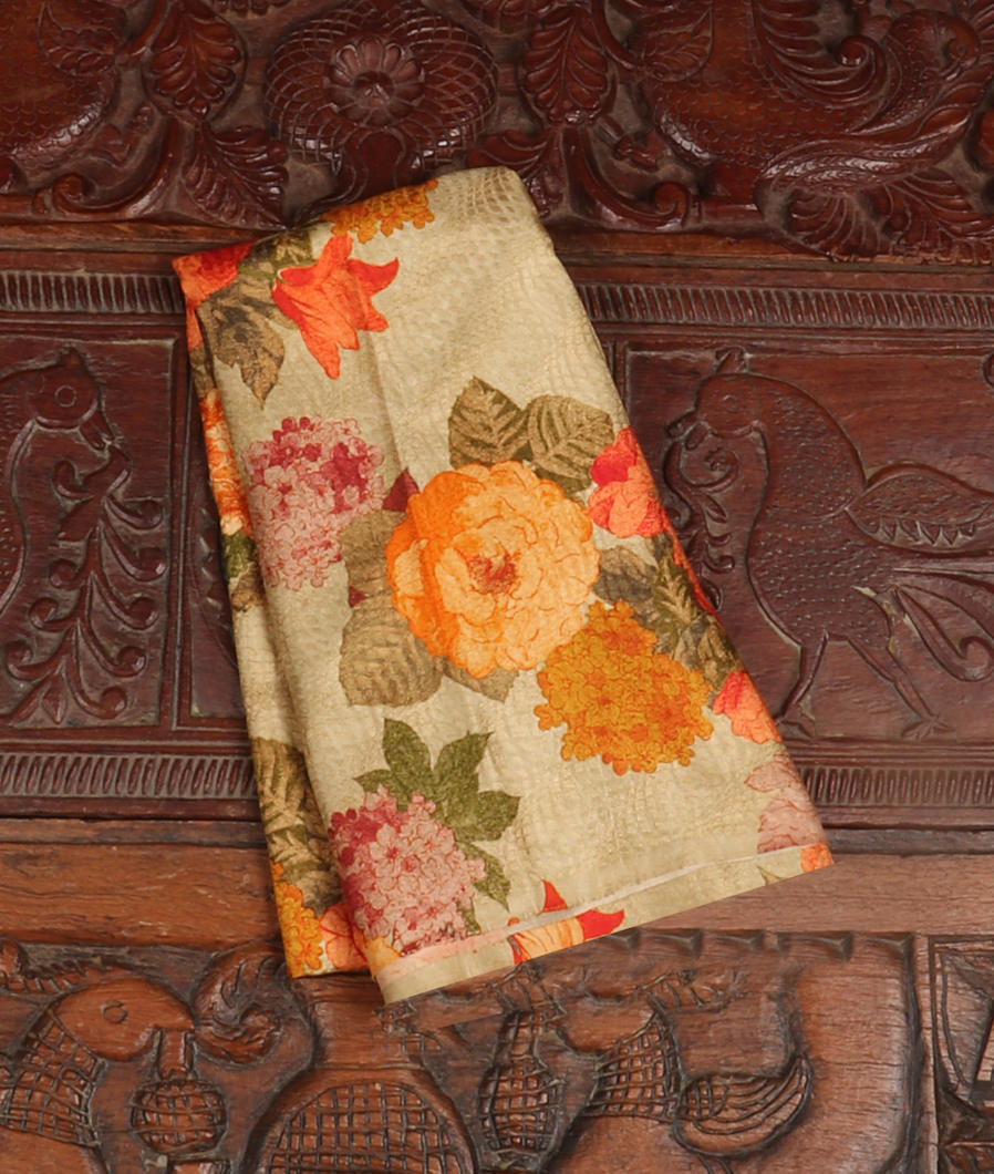 Greenish Beige Hand Printed Kanjivaram Silk Blouse T377326-image