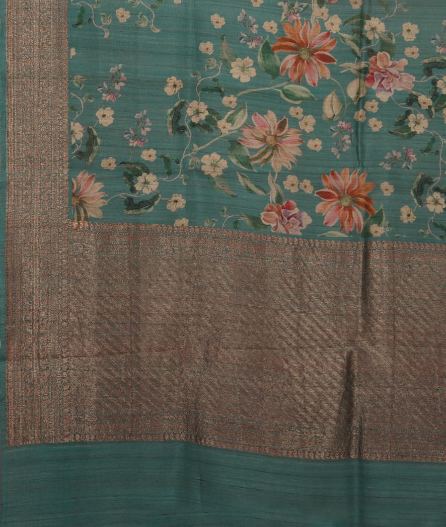 Blue Printed Banaras Tussar Georgette Saree T4102714