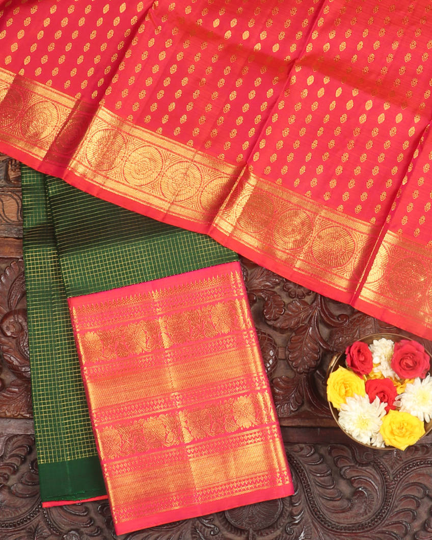 Bottle Green Handwoven Kanjivaram Silk Pavadai and Dupatta T413263-image