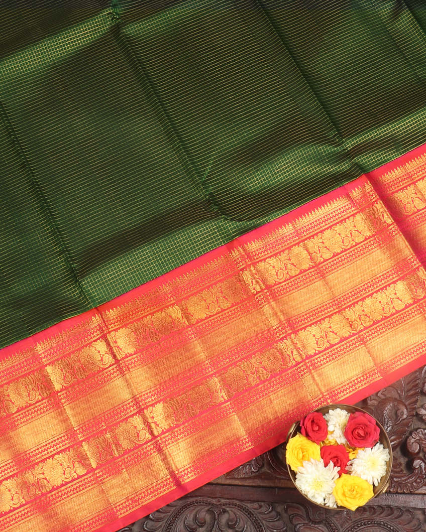 Bottle Green Handwoven Kanjivaram Silk Pavadai and Dupatta T4132632