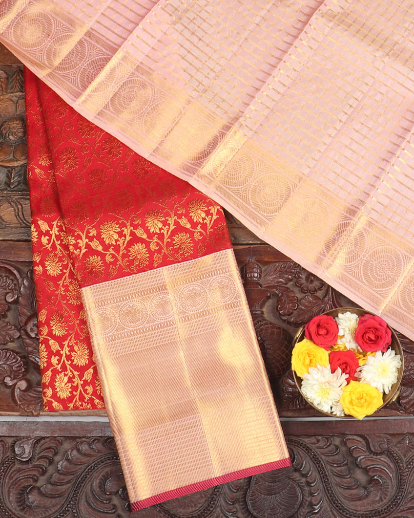 Red Handwoven Kanjivaram Silk Pavadai and Dupatta T387219-image