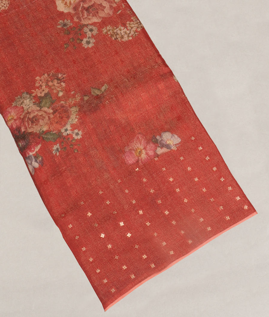 Red Tissue Tussar Printed Saree T400113-image