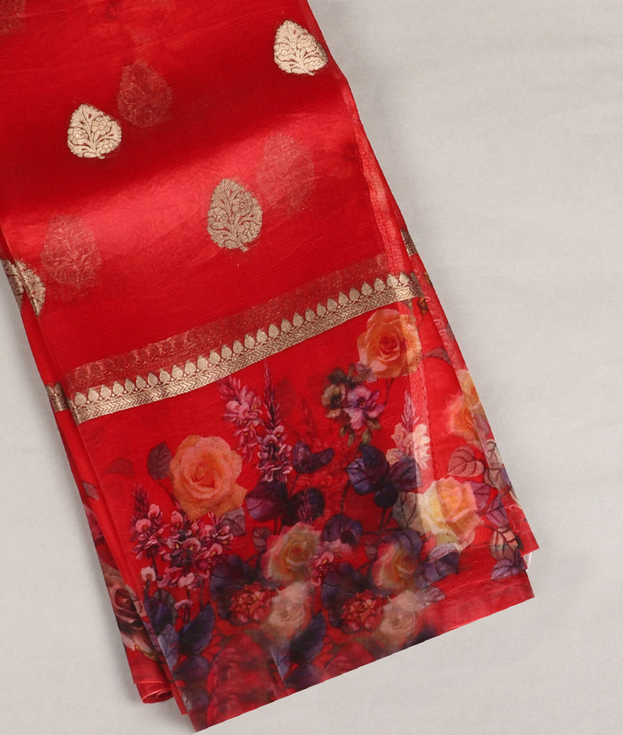 Red Kora Organza Printed Saree T416341-image