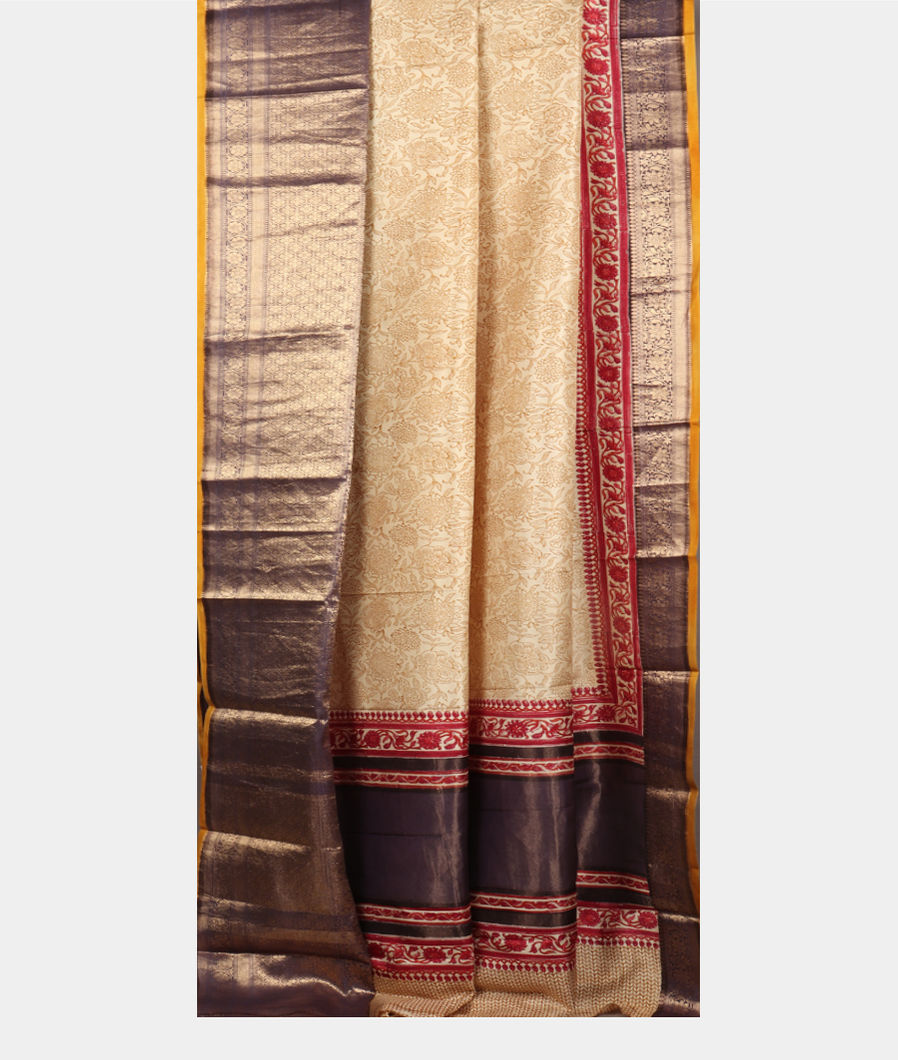 Cream Printed Silk Saree T2982822