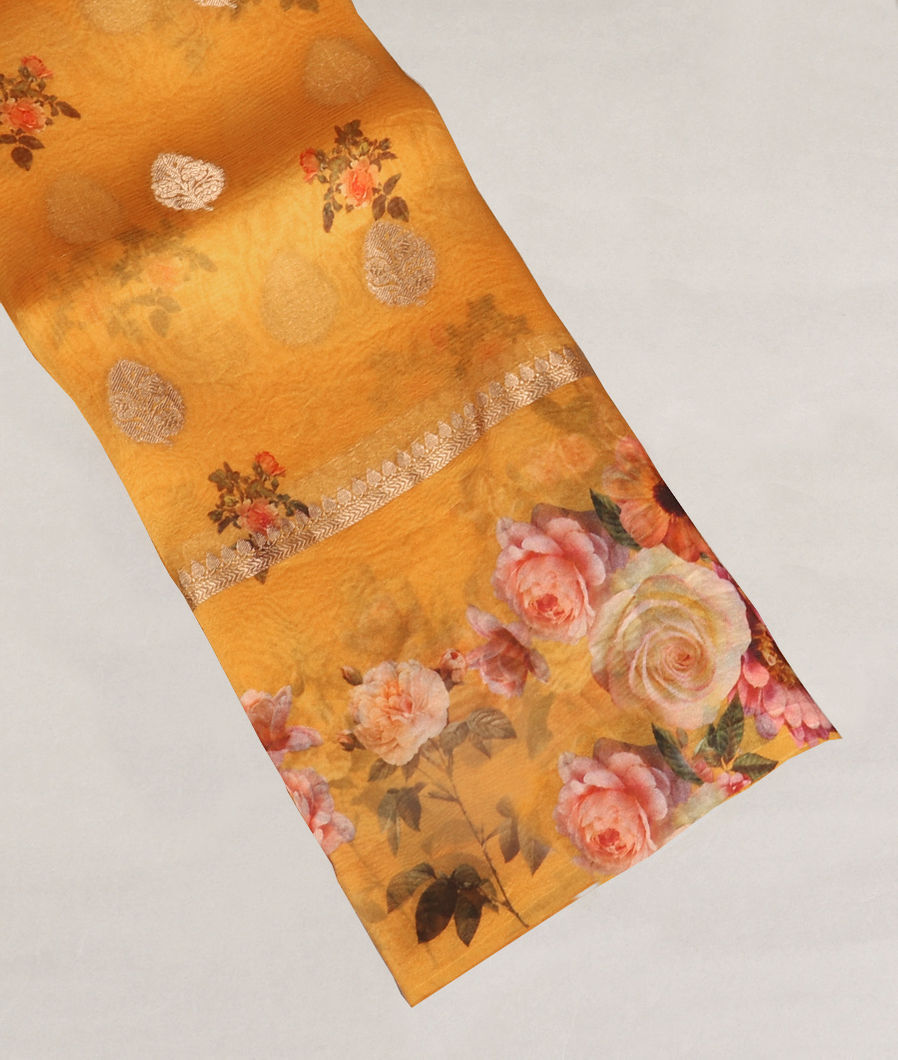 Yellow Kora Organza Printed Saree T416346-image