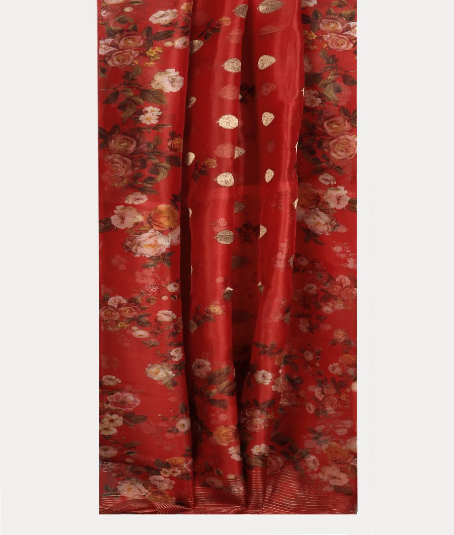 Red Kora Organza Printed Saree T4163492