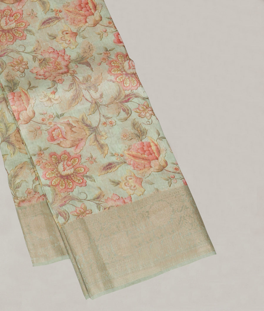 Light Green Linen Printed Saree T415734-image
