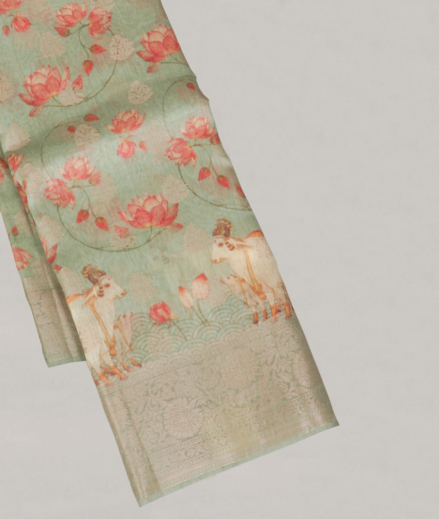 Green Linen Printed Saree T415733-image