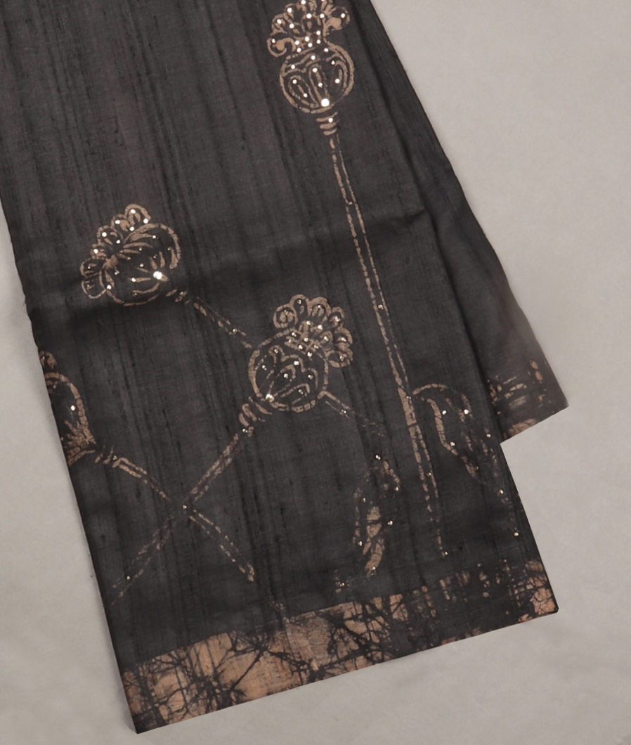 Dark Grey Tussar Printed Saree T347442-image
