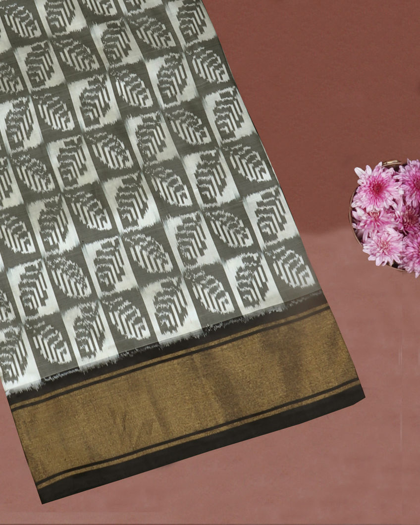 Grey And White Ikat Silk Saree T418273-image