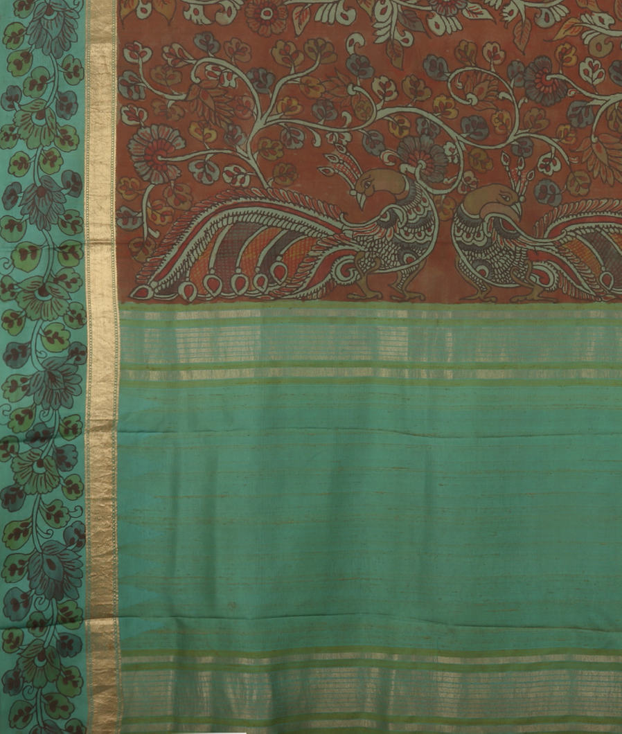 Brown Handpainted Kalamkari Soft Silk Saree T2573544