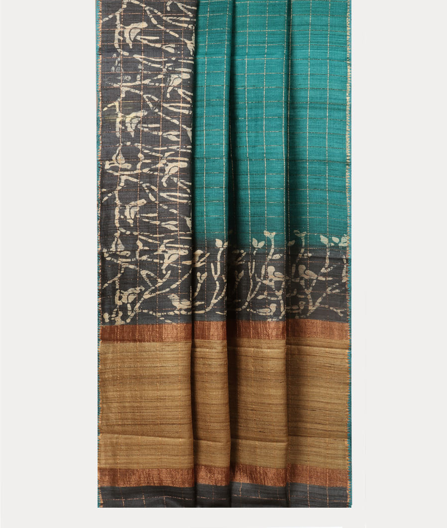 Peacock Blue Tussar Printed Saree T4173732