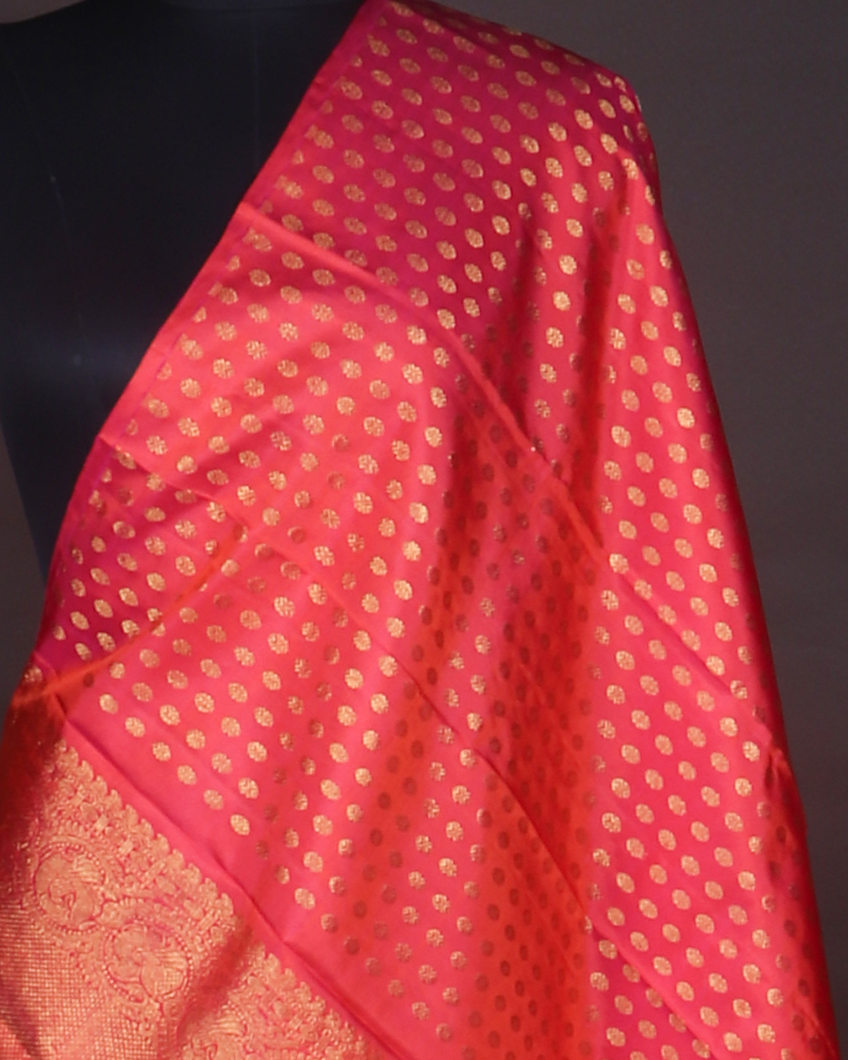Pinkish Orange Handwoven Kanjivaram Silk Dupatta T4198112