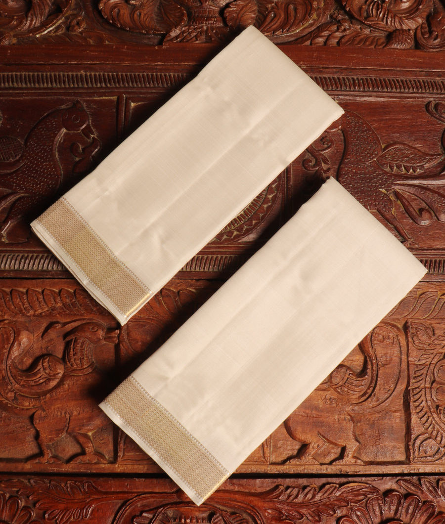 White Handwoven Kanjivaram Silk Dhoti and Vastharam T344537-image