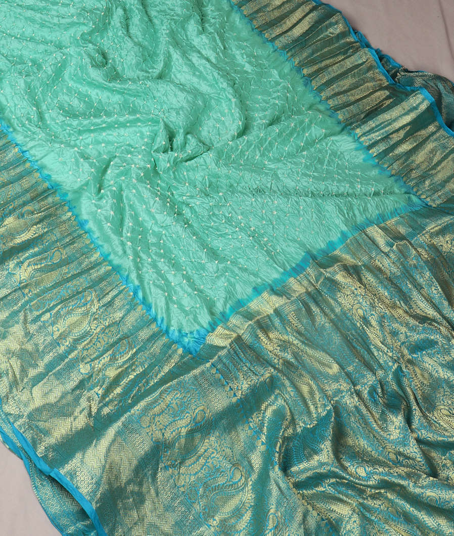 Turquoise Green Bandhani Chaniya Silk Saree T4197742