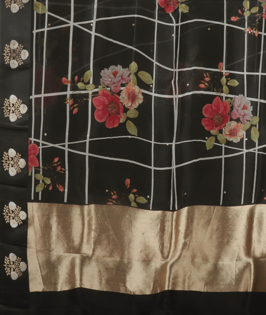 Black Kora Organza Printed Saree T3859274