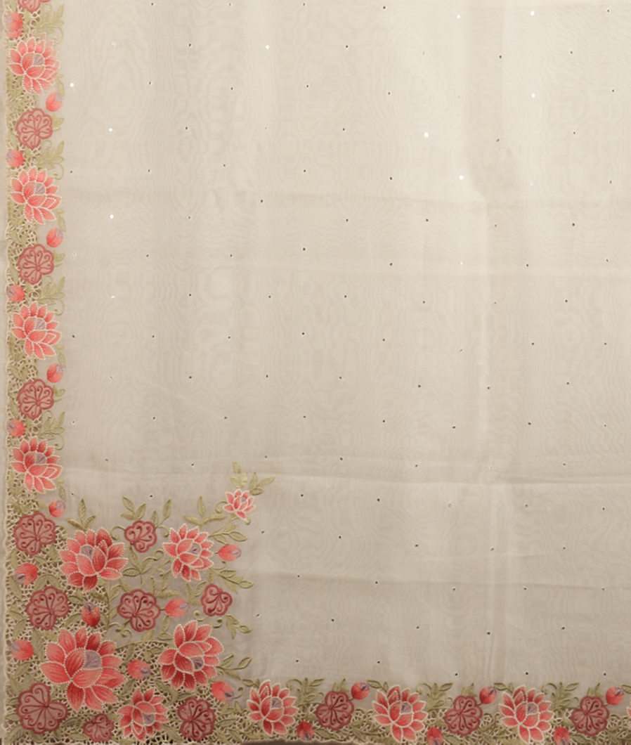 White Kora Organza Embroidery Saree T3811744