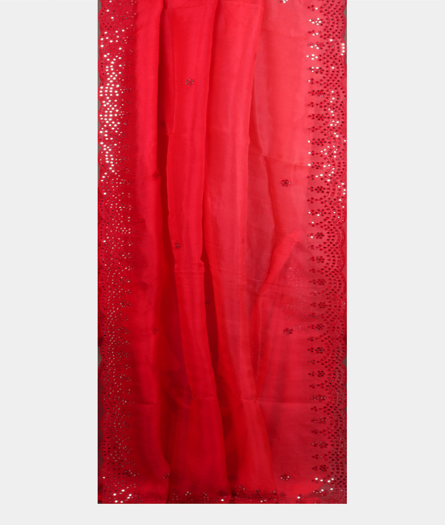 Pinkish Red Kora Organza Embroidery Saree T3832052