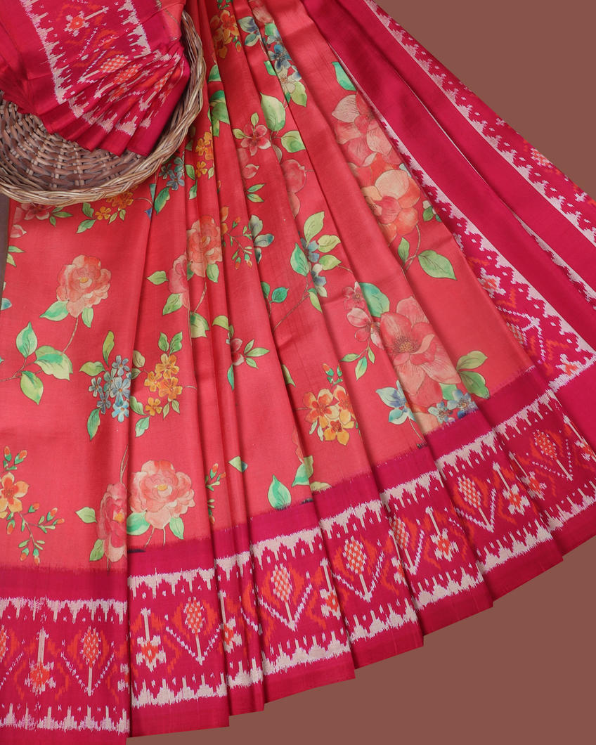 Coral Pink Ikat Silk Saree T4183802