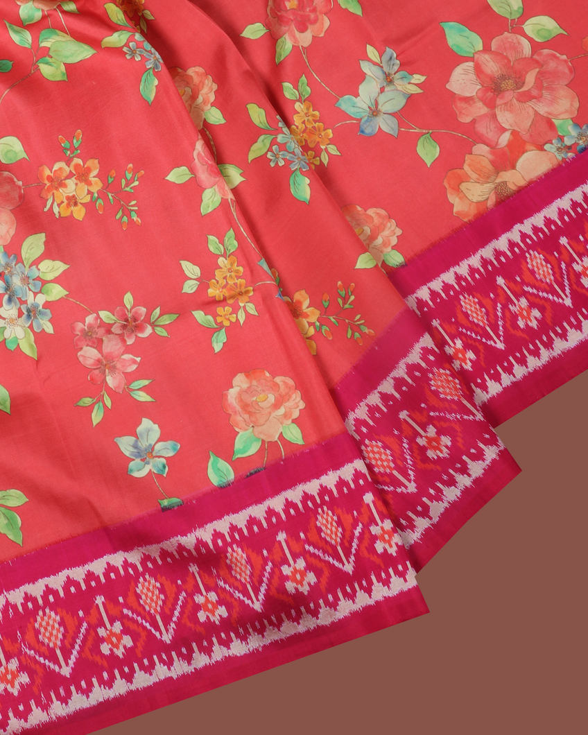 Coral Pink Ikat Silk Saree T4183804