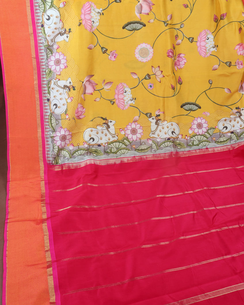 Yellow Printed Soft Silk Saree T4214594