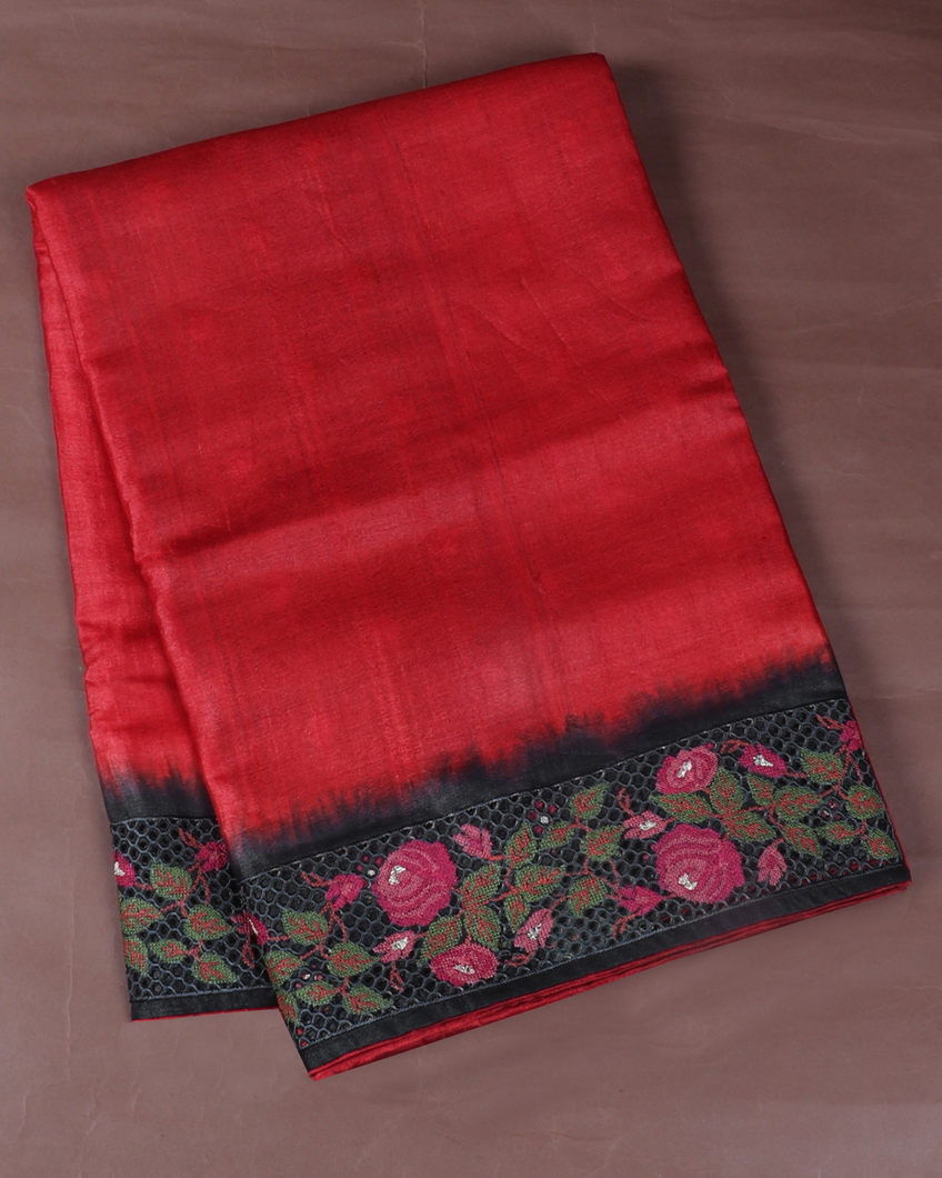 Red Tussar Cutwork Saree T421493(Shipping - 15 to 30 business days)-image